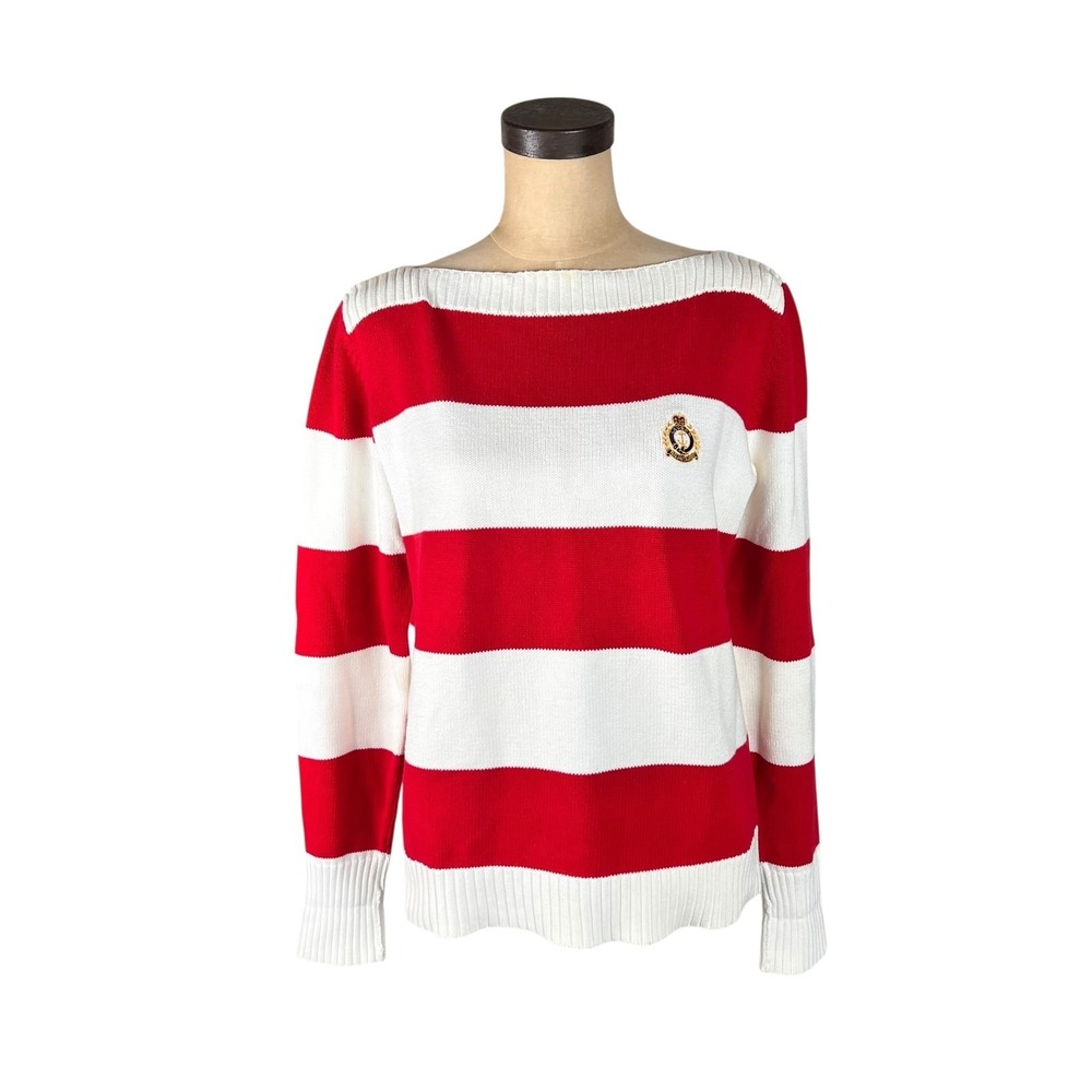 Lauren Ralph Lauren Red White Striped Cotton Knit Crest Sweater Boat Neck Medium